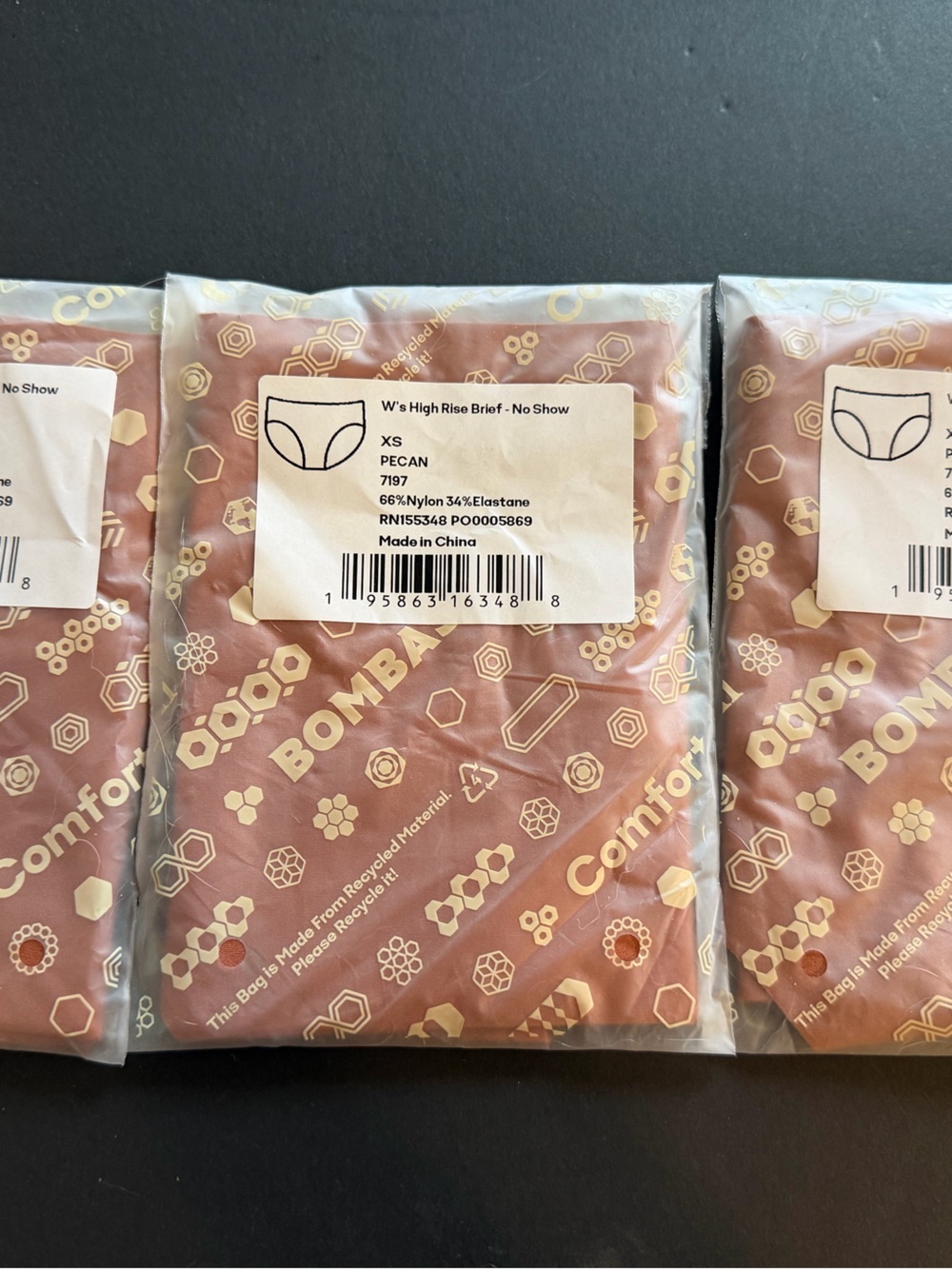 Lot of 3 Womens Bombas High Rise Briefs - No Show - Pecan Color - Size XS